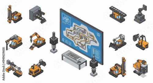 Isometric Industrial Machinery and Blueprints Collection.