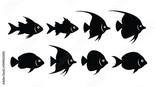 A group of fish silhouettes swimming in different directions