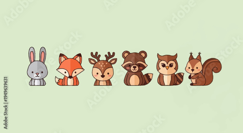 Cute Woodland Animals Collection Cartoon Style.