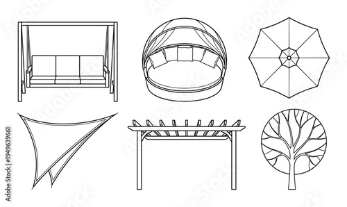 Landscape design elements vector illustration, architectural plan top view garden furniture and objects