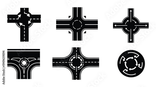 Set of black roundabout icons showing road intersections with traffic circles and arrows for directional flow