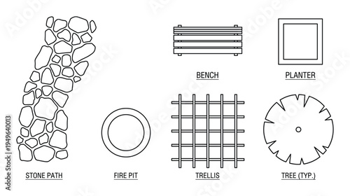 Top view landscape elements for architectural design and gardening, including path, bench, planter, fire pit, trellis, and tree