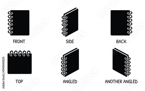 Set of black notebooks with spiral binding showing front, side, back, top, and angled perspectives