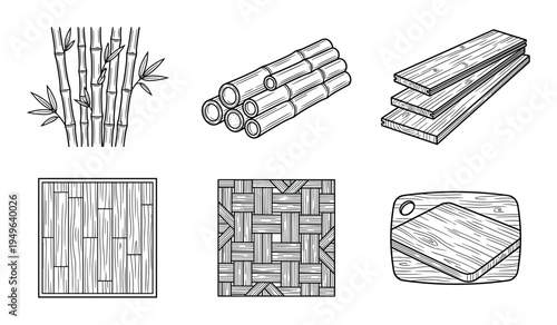 Bamboo wood processing set featuring raw logs timber planks and woven texture patterns