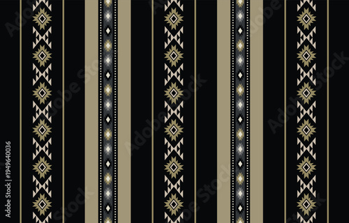 Ethnic tribal Aztec black gold stripe background. Seamless tribal pattern, folk embroidery, tradition geometric Aztec ornament. Traditional design for fabric, textile, print, rug, paper, carpet