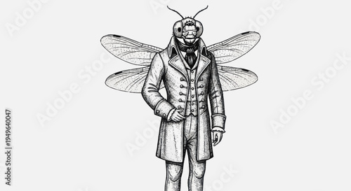 Anthropomorphic insect character in formal attire with wings.