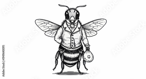 Anthropomorphic Bee Dressed in Suit Holding Money Bag.