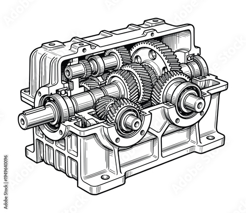 Cutaway illustration of a complex gearbox with multiple gears and shafts