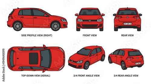 Red hatchback car, detailed blueprint views of modern automobile for industrial design and production