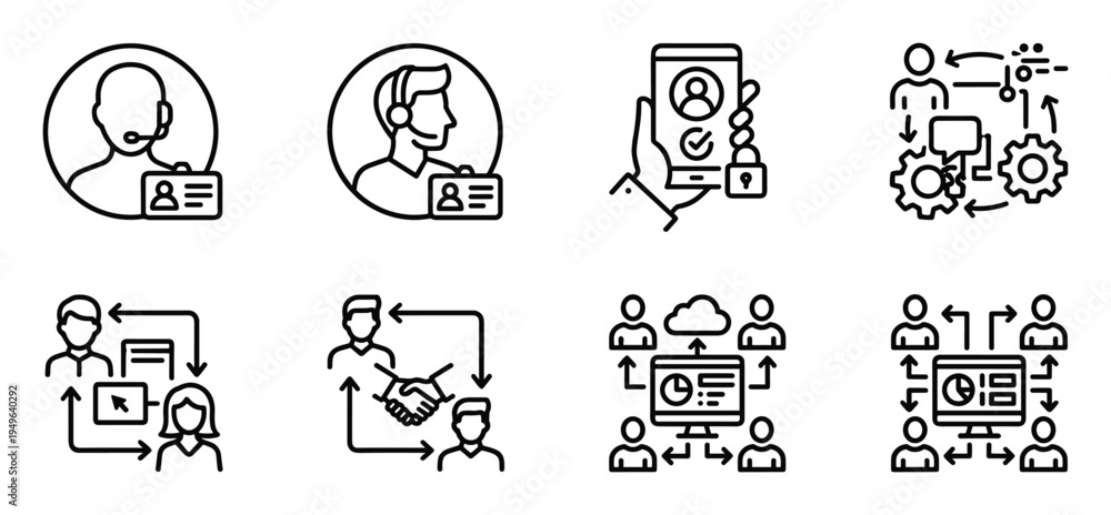 Fototapeta premium Set of outline icons for customer service business and teamwork collaboration