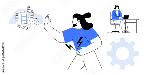 Food allergy concept. Woman actively avoiding common allergens including dairy and fish, emphasizing dietary precautions. Food allergy in personal health and workplace awareness. For health