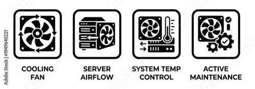 Cooling fan, server airflow, system temperature control and active maintenance icons vector