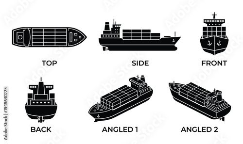 Silhouette views of container cargo ship from different angles