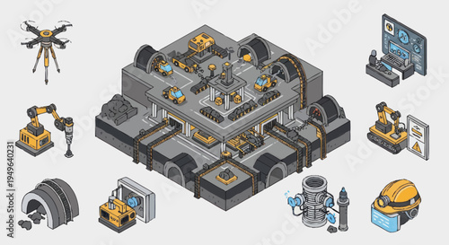 Isometric Futuristic Industrial Factory and Equipment Set.