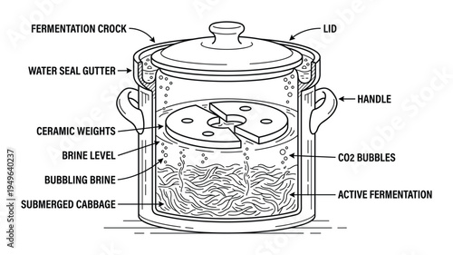 Fermentation crock diagram with water seal gutter ceramic weights and active cabbage bubbling brine