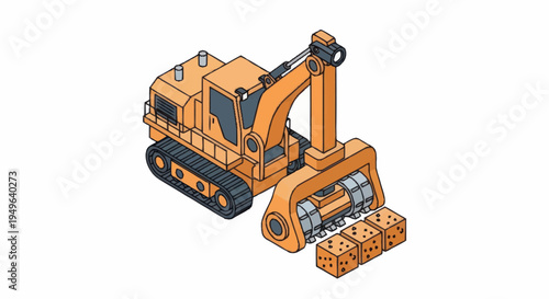Orange Excavator Machine Grabbing Cubes with Faces.