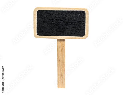 Small wooden plant marker sign with black chalkboard label panel and blank garden stake on isolated background