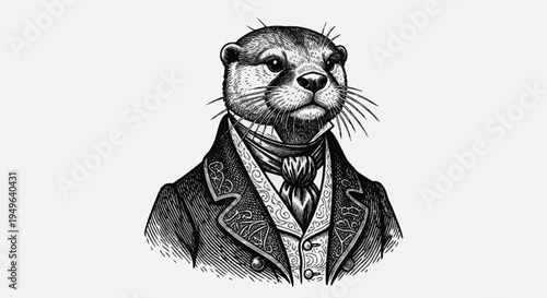 Vintage Portrait of an Otter in Formal Attire.