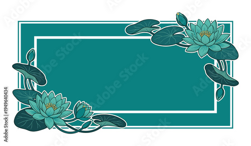 Elegant lotus flower frame with lily pads and water blossoms