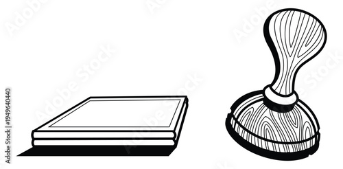 Rubber stamp with wooden handle and ink pad icon illustration for office stationery and classic business branding tools