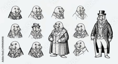 Vintage Walrus Characters in Formal Attire Collection.