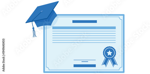 Blue graduation cap and diploma certificate flat illustration representing academic achievement and university education