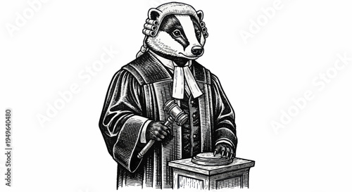 Anthropomorphic Badger Lawyer in Courtroom Attire Holding Gavel.
