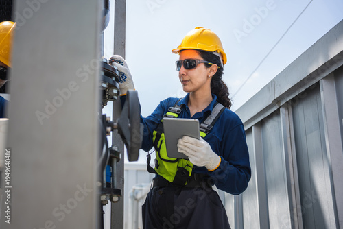 Female engineer in hardhat using digital tablet for industrial equipment inspection at factory, Professional worker performing maintenance check with tablet on industrial valve and pipeline system