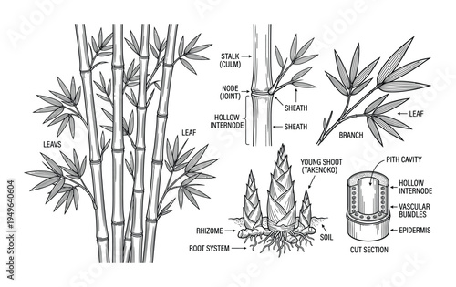 Bamboo plant anatomy and biological structure diagram collection