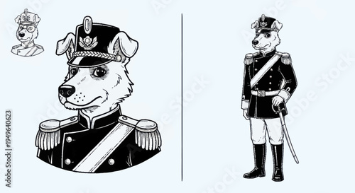 Dog in Military Uniform Portrait and Full Body.