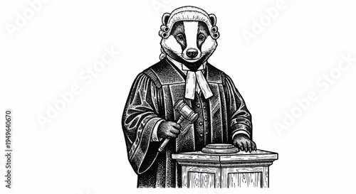 Anthropomorphic Badger Lawyer in Courtroom Attire Holding Gavel.