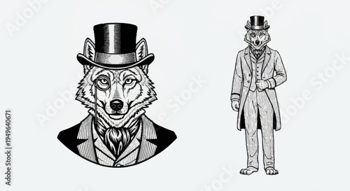 Vintage Wolf and Skeleton in Formal Attire.