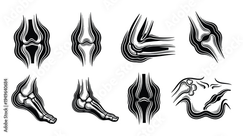 Joint inflammation and ligament injury icons showing knee ankle and elbow anatomy parts