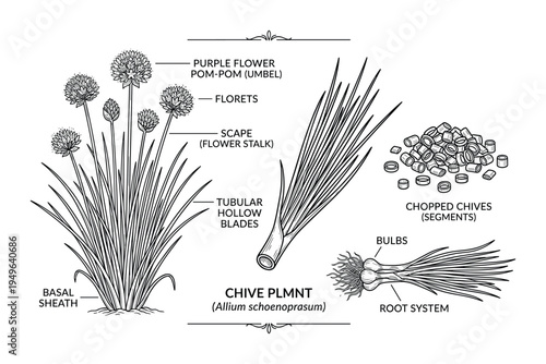 Chive plant anatomy detailed line art with labels on transparent background