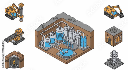 Isometric Industrial Plant and Construction Equipment Illustration.