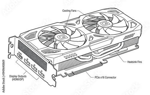 Graphics card technical line drawing with components and labels diagram