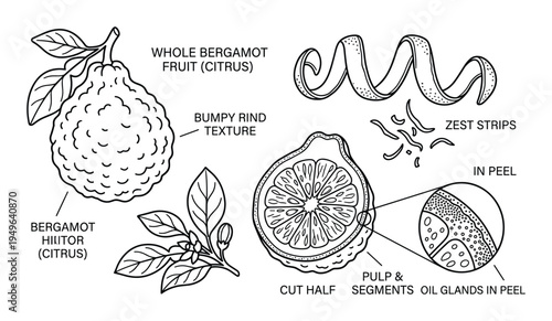 Bergamot fruit diagram with whole fruit, cut half, zest, and peel oil glands illustration