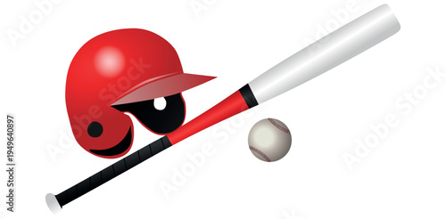 Red baseball batting helmet with white bat and ball vector illustration isolated on white background for sports art work