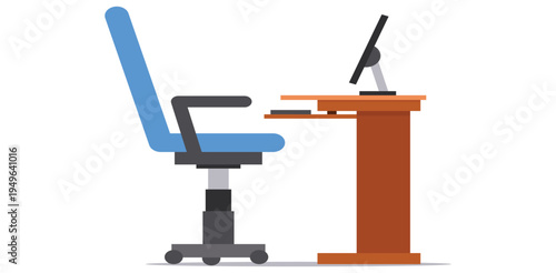 Blue ergonomic office chair and wooden desk with computer monitor vector illustration for workplace and home study space