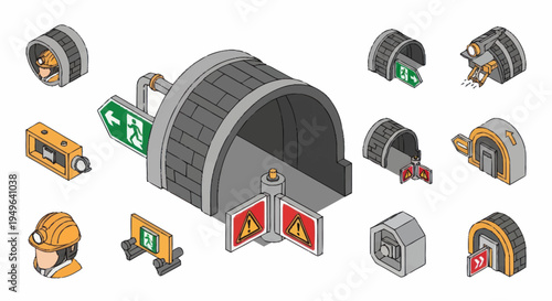 Isometric Industrial Entrance Tunnel and Security Elements.