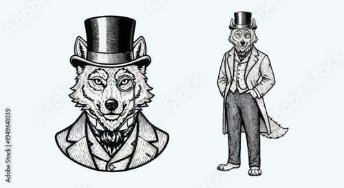 Anthropomorphic Wolf Character in Vintage Attire.