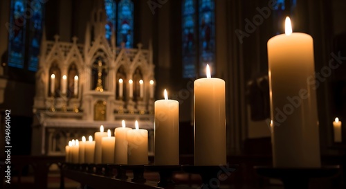 A row of glowing white pillar candles illuminates the dark interior of a church, with a decorative altar visible in the background.