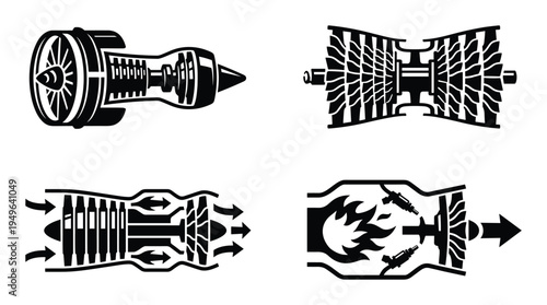 Jet engine internal components and diagram showing turbine mechanism and combustion process