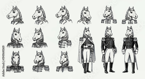 Collection of Horse Heads in Military Uniforms.