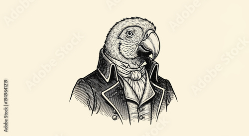 Anthropomorphic Parrot Dressed in Victorian Gentleman Attire.
