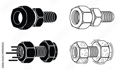 Set of four illustrations featuring bolts and nuts with various textures and motion effects, industrial fasteners
