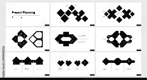 Geometric shapes project planning flowchart diagrams on white background, business strategy and organization concept