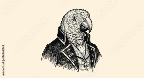 Vintage Parrot Dressed in Formal Victorian Attire.