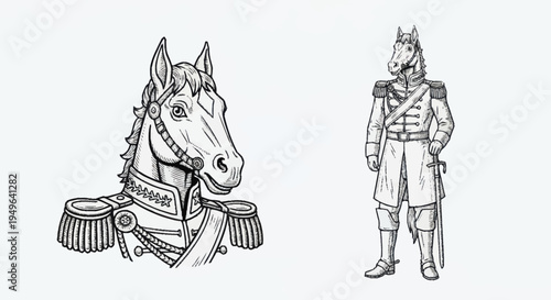 Horse Head and Full Body Figure in Military Uniform.