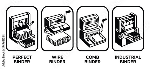 Set of various binding machines including perfect, wire, comb, and industrial binders for office or print shop